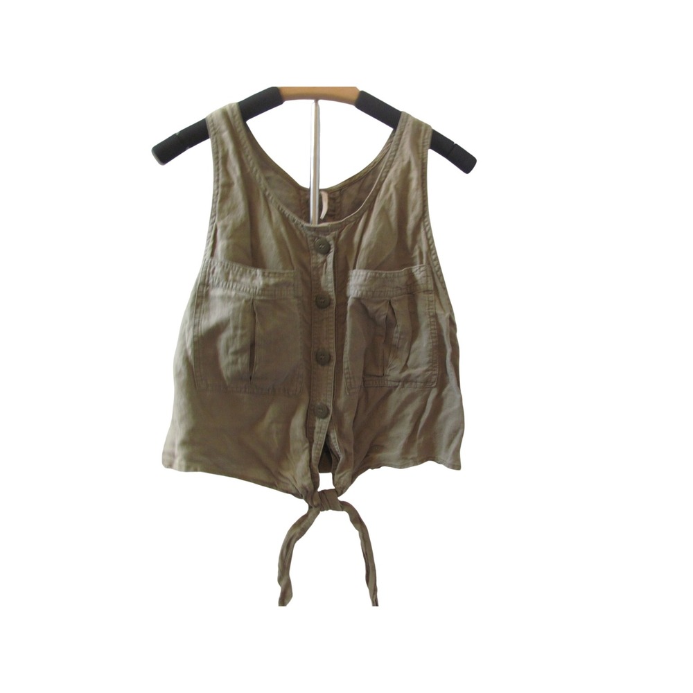 Free People Utility Vest Small Olive Green Linen Blend Tie Front Cropped Boho